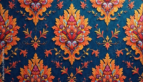 Intricate floral damask textile, repeating design, style, decor