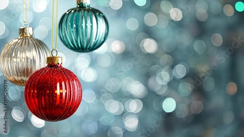 Three colorful Christmas ornaments hang against a sparkly, blurred background. Concept of: Holiday celebration.