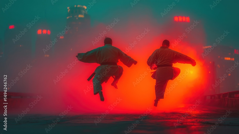 Fototapeta premium Two martial artists in dynamic jump pose against a dramatic glowing cityscape