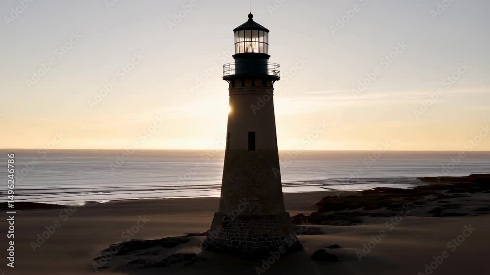 Beacon of hope lighthouse on sandy beach ocean horizon during twilight with sun flare, architectural navigation aid seaside landmark silhouette Beacon of hope lighthouse on sandy beach ocean horizon during twilight with sun flare, architectural navigation aid seaside landmark silhouette