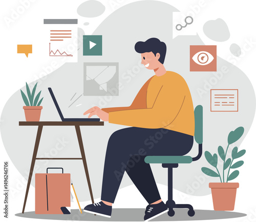 Man working on laptop at desk with plants and office icons in casual workspace vector illustration 