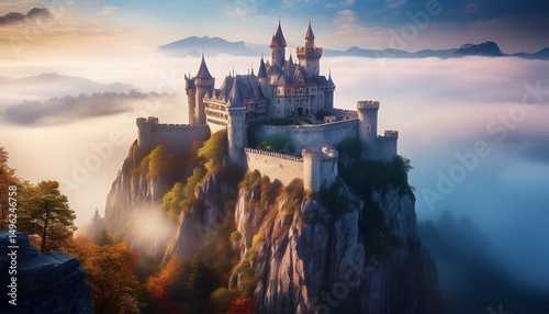 a majestic castle stands atop a steep rocky cliff enveloped in a thick layer of morning fog creating an enchanting and mysterious atmosphere generative ai