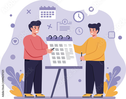 Two people discussing calendar planning and scheduling for organization and time management vector illustration 