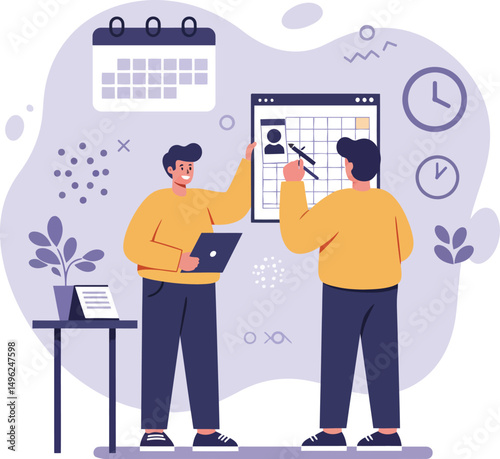 Team collaboration scheduling calendar planning and time management in office environment vector illustration 