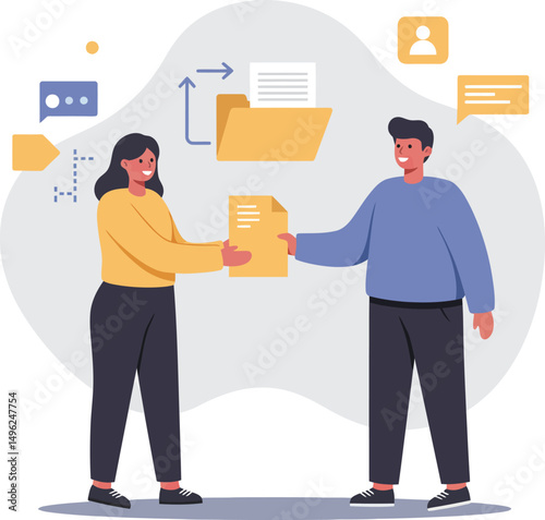 Two people exchanging files in digital folder concept for teamwork and collaboration vector illustration