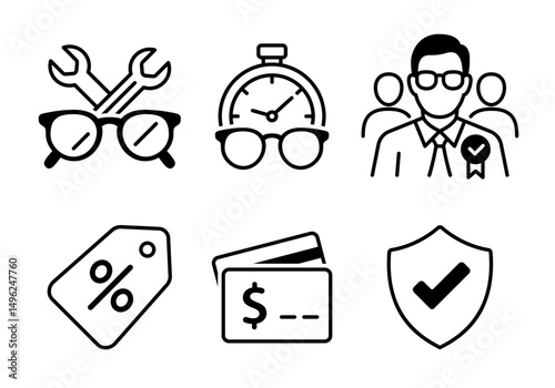 Vector optics service icon set with glasses, watch, warranty, discount label, credit card, professional and security shield