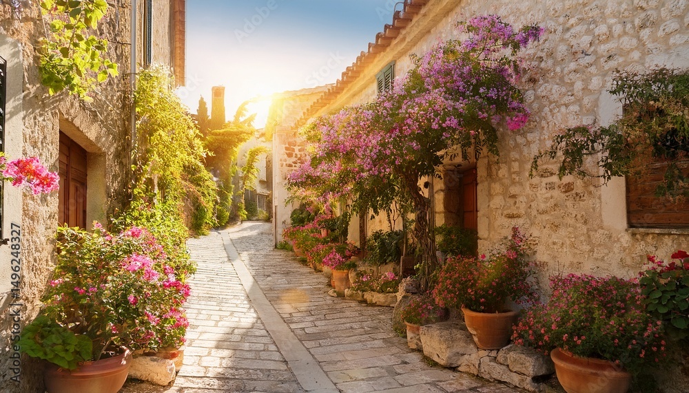 Fototapeta premium charming alleyway in a sunlit mediterranean village surrounded by blooming flowers and rustic architecture