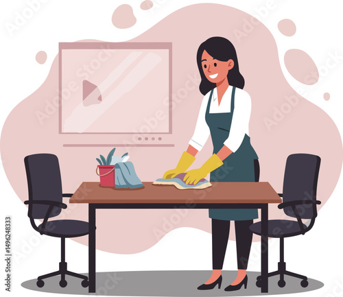 Woman cleaning office table with yellow gloves and green apron in modern workspace vector illustration 