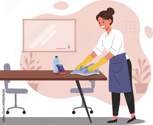 Woman cleaning office desk with cloth and spray bottle in modern workspace vector illustration 