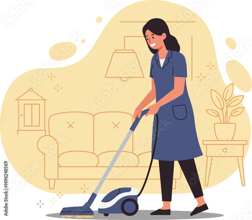 Woman vacuuming living room floor cleaning house chores domestic lifestyle vector illustration 