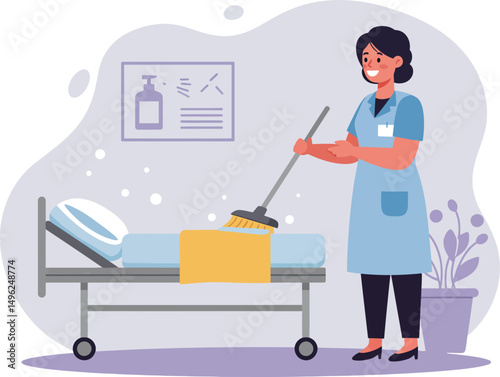 Hospital Cleaner Preparing Bed in Medical Room with Cleaning Equipment Vector Illustration 
