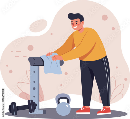 Man wiping gym treadmill with towel in workout fitness routine vector illustration 