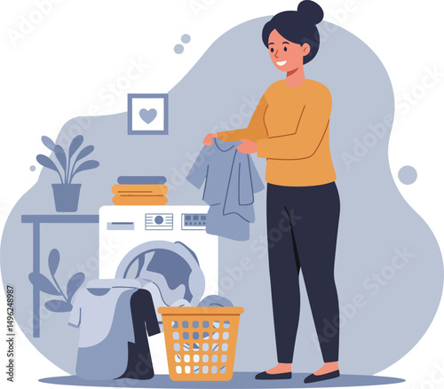 Woman doing laundry at home folding clothes near washing machine in cozy interior vector illustration 