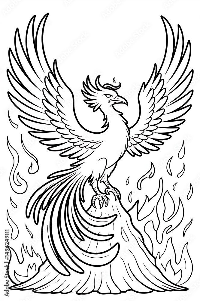 Fototapeta premium Mythical Phoenix Coloring Page: Legendary Winged Fire Bird with Mystical Flames and Rebirth Themes in Ancient Art Design Illustration