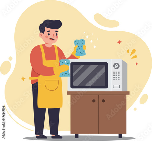 Man Wearing Yellow Apron Cleaning Microwave Oven with Gloves in Kitchen Vector Illustration