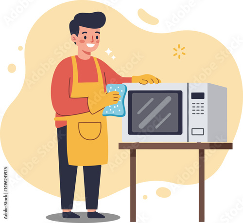 Man cleaning microwave oven with cloth wearing apron and gloves in home kitchen environment 
