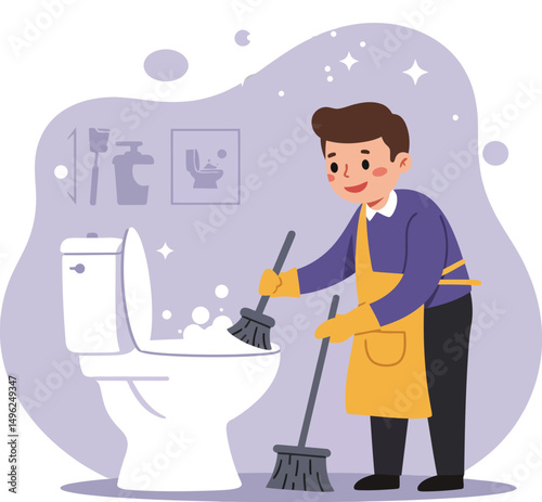 Man Cleaning Toilet with Brush and Mop in Bathroom Hygiene Routine Vector Illustration 