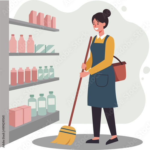 Woman cleaning store shelves with mop and apron in retail environment vector illustration 