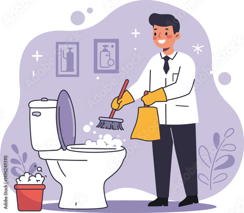 Man cleaning toilet with brush and gloves in bathroom hygiene and sanitation vector illustration 