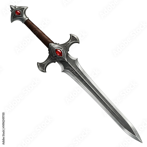 A detailed fantasy sword with intricate hilt design and red gems, ideal for gaming assets, fantasy themes, role-playing visuals, or historical fiction.