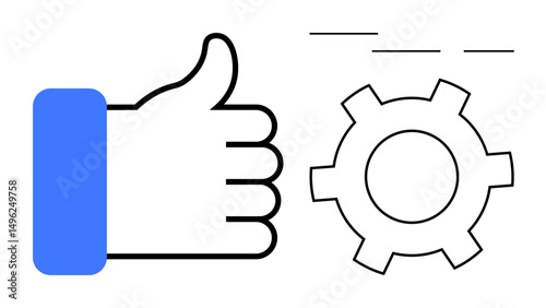 Hand giving thumbs-up alongside gear, emphasizing efficiency, approval, teamwork, productivity, progress, workflow, and collaboration. Ideal for team dynamics business feedback success simple