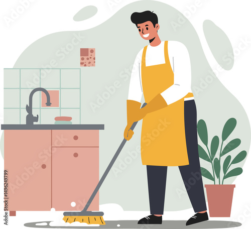 Man wearing yellow apron cleaning floor near kitchen sink with mop vector illustration 