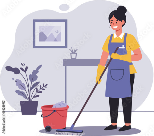 Woman cleaning floor with mop and bucket in home interior vector illustration 