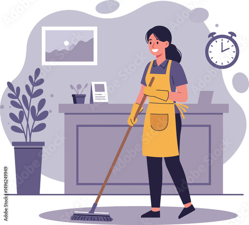 Woman Cleaning Office Floor with Broom in Yellow Apron and Gloves Performing Janitorial Duties Indoor 