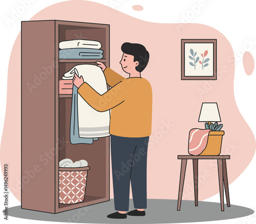 Man organizing clothes in wardrobe in cozy home interior vector illustration 