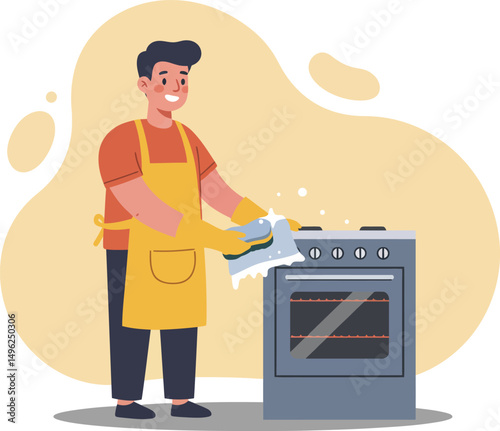 Man cleaning kitchen oven with cloth in casual home scene illustration vector 