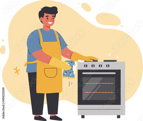 Man Wearing Apron Cleaning Oven with Cloth Kitchen Appliance Maintenance and Hygiene Vector Illustration 