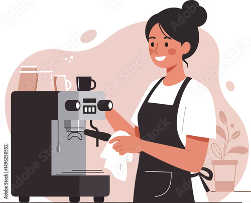 Barista Preparing Coffee with Espresso Machine in Coffee Shop Setting Vector Illustration 