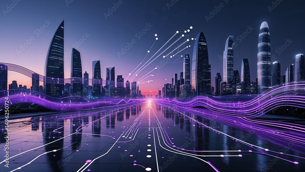 Fototapeta premium City skyline illuminated by digital lines and vibrant colors at twilight with reflective surfaces