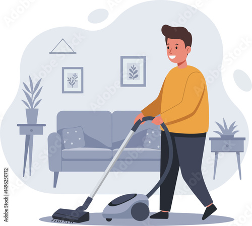 Man vacuuming living room floor with modern cleaner in cozy home interior setting vector illustration 