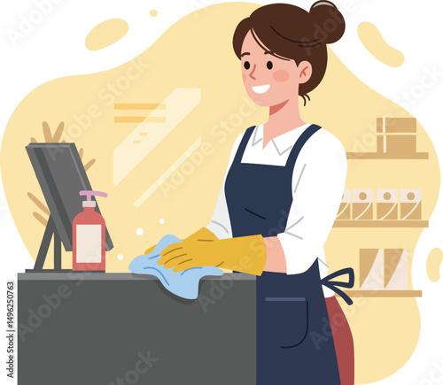 Woman cleaning counter with cloth in store interior wearing apron and gloves smiling happily 