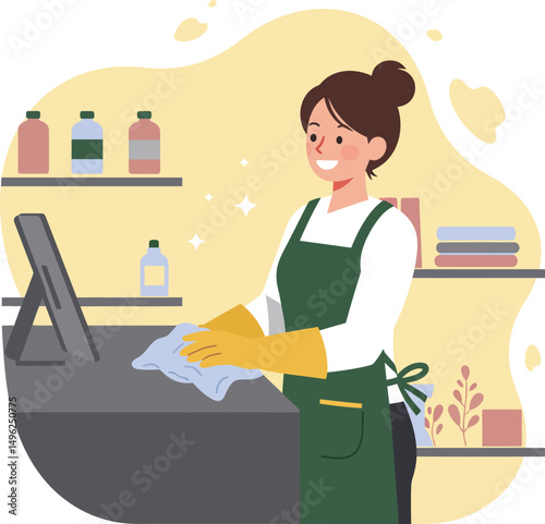 Woman cleaning counter with cloth in apron and gloves in tidy kitchen space vector illustration 