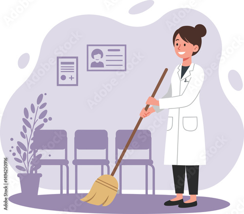 Female janitor cleaning hospital or clinic waiting area with broom and chairs vector illustration 