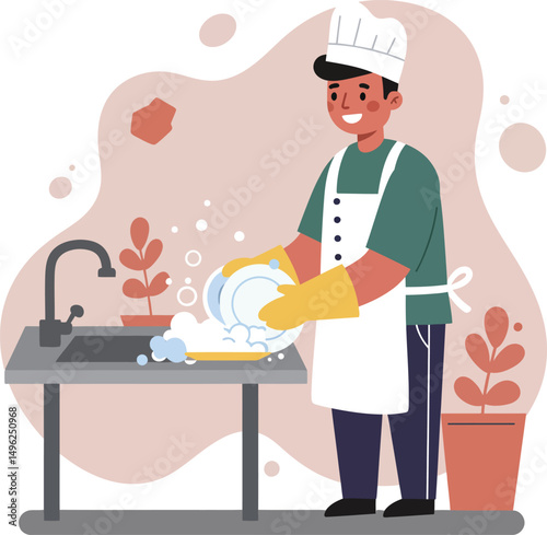 Chef washing dishes in kitchen with gloves and apron cooking hygiene vector illustration 