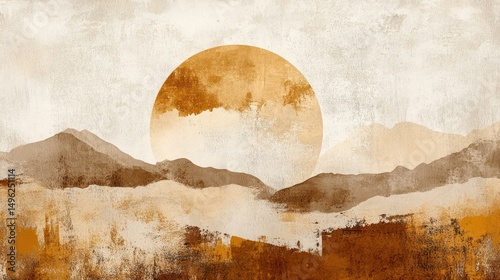 Abstract watercolor landscape painting with mountains and a large sun in warm earth tones, creating a serene and artistic natural scenery background