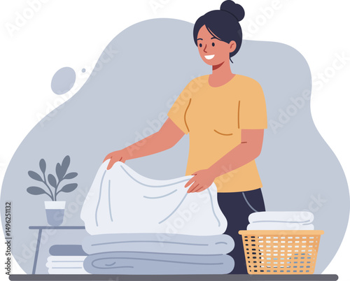 Woman folding laundry at home with basket and plant in modern lifestyle setting vector illustration 