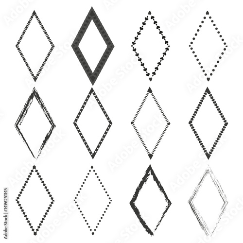 Black diamond frames. Hand drawn texture. Grunge vector outline. Artistic border shape.