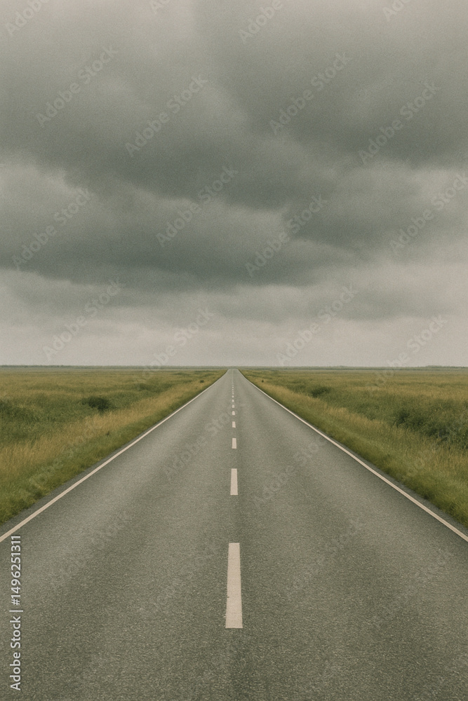 Naklejka premium Lonely road with dramatic sky – straight highway through grass fields