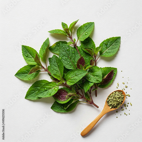 Tulsi leaves on white table — High-resolution studio photography. Shot from a top-down perspective depending on subject. Clean white background