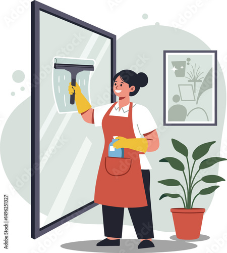 Woman cleaning window with squeegee and spray bottle in modern home interior vector illustration 