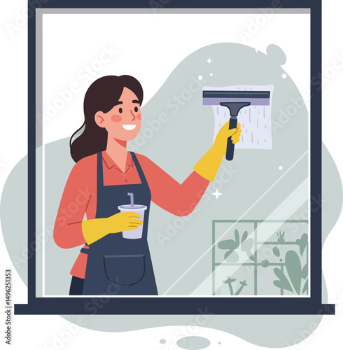 Woman cleaning window with squeegee and yellow gloves in home environment vector illustration 