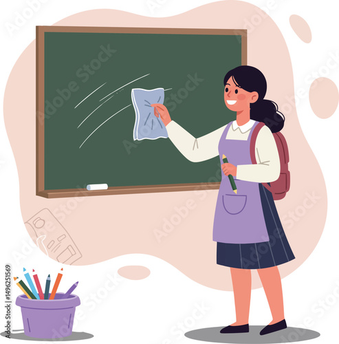 Student girl cleaning blackboard in classroom with backpack and apron vector illustration 