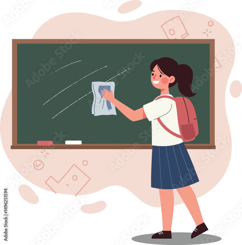 Schoolgirl cleaning chalkboard wiping classroom blackboard with cloth vector illustration 