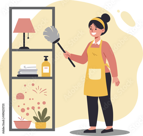 Woman dusting shelves with feather duster in home cleaning activity vector illustration 