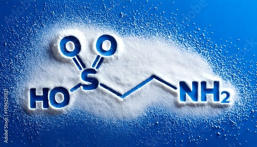 Chemical structure of taurine molecule on white powder background with blue gradient, concept of supplement or energy drink ingredient
