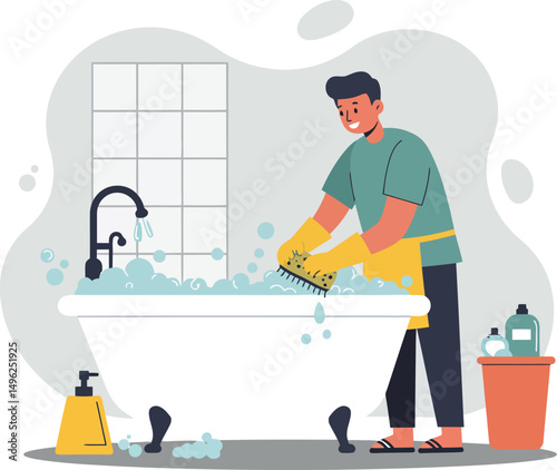 Man cleaning bathtub with sponge in bathroom surrounded by cleaning supplies vector illustration 